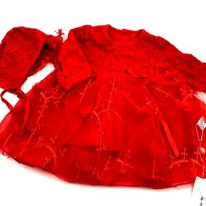 Baby Girls Dress Size 9m Red Matching 2pc Set Bonnet Hat Buttons Lace